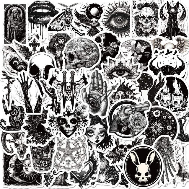 10/25/50pcs Black White Punk Horror Stickers for DIY Phone Laptop Car Skateboard Guitar Suitcase Motorcycle Helmet Decal