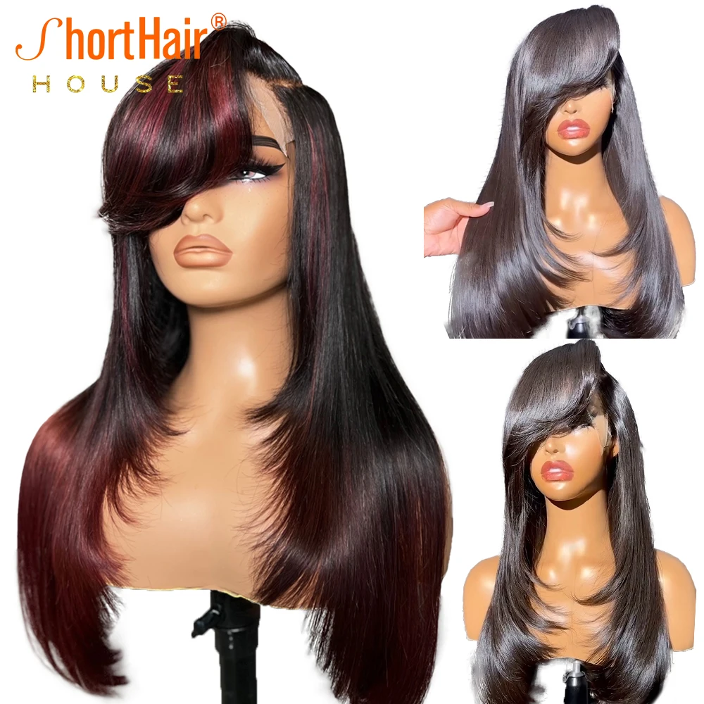 99J Burgundy Wavy Human Hair Wigs Invisi 360 Lace Front Wigs With Side Bangs PreCut 5x7 Lace Glueless 250% Highlight Brazilian