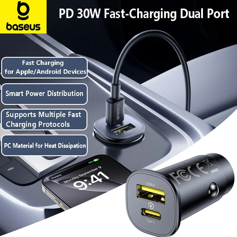 Baseus 30W Dual Port Fast Car Charger with USB Type-C