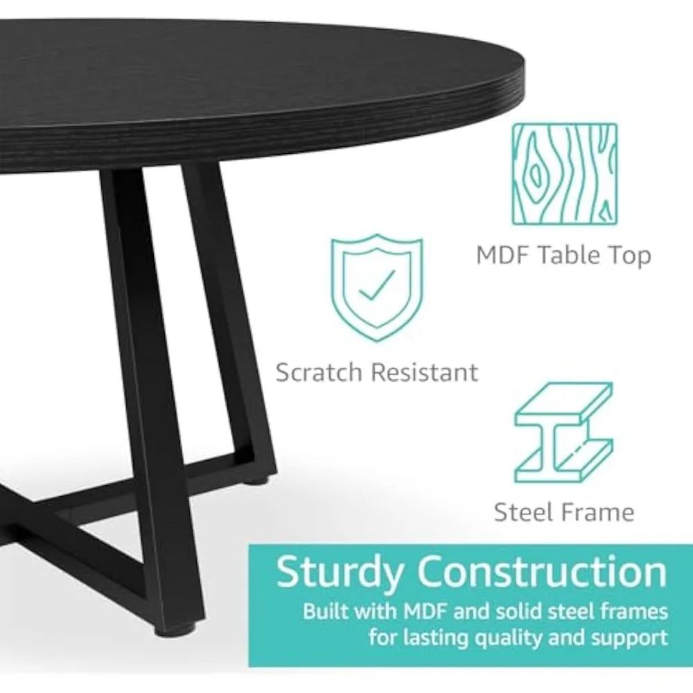 Black Round Dining Table for 6 - Modern Circle 51 Inch Large Room Kitchen Dinning Tables for 4 to 6 Person Seats Small Spaces 6