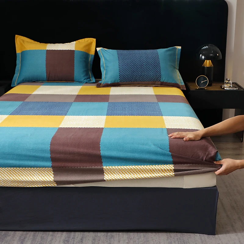 Pure Cotton Fitted Bed Sheets Geometric Bedsheet Non-slip Bed Cover Skin-friendly Bed Linen couvre lit (Pillowcase Need Order) 2