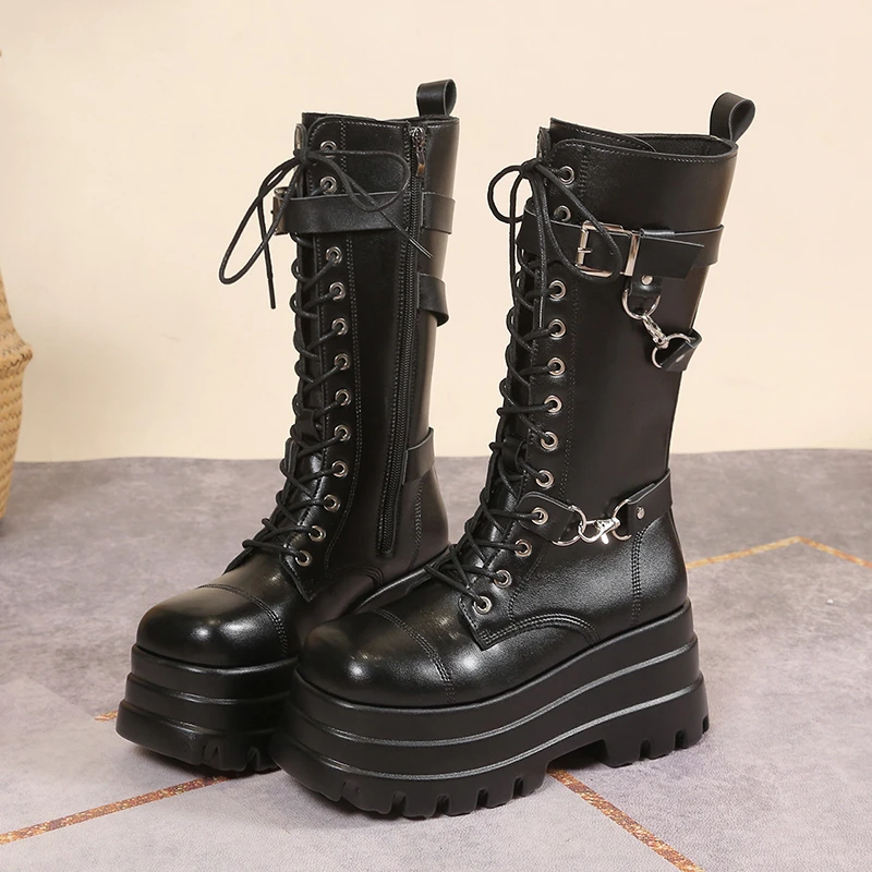 

2023 New Fashion Patent Leather Shoes Autumn 8.5CM Heels Thick Sole Motorcycle Boots Woman Height Increasing Punk Mid-Calf Botas