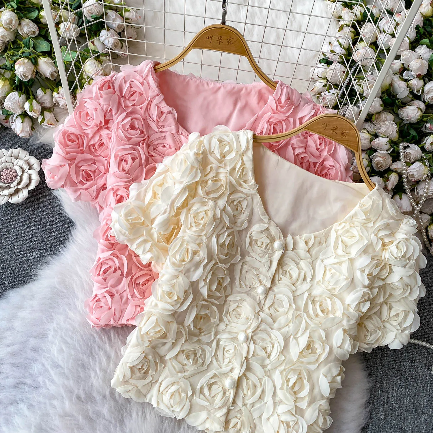 Chic Women 3D Flowers V-neck Bubble Sleeve Shirts Summer Fairy