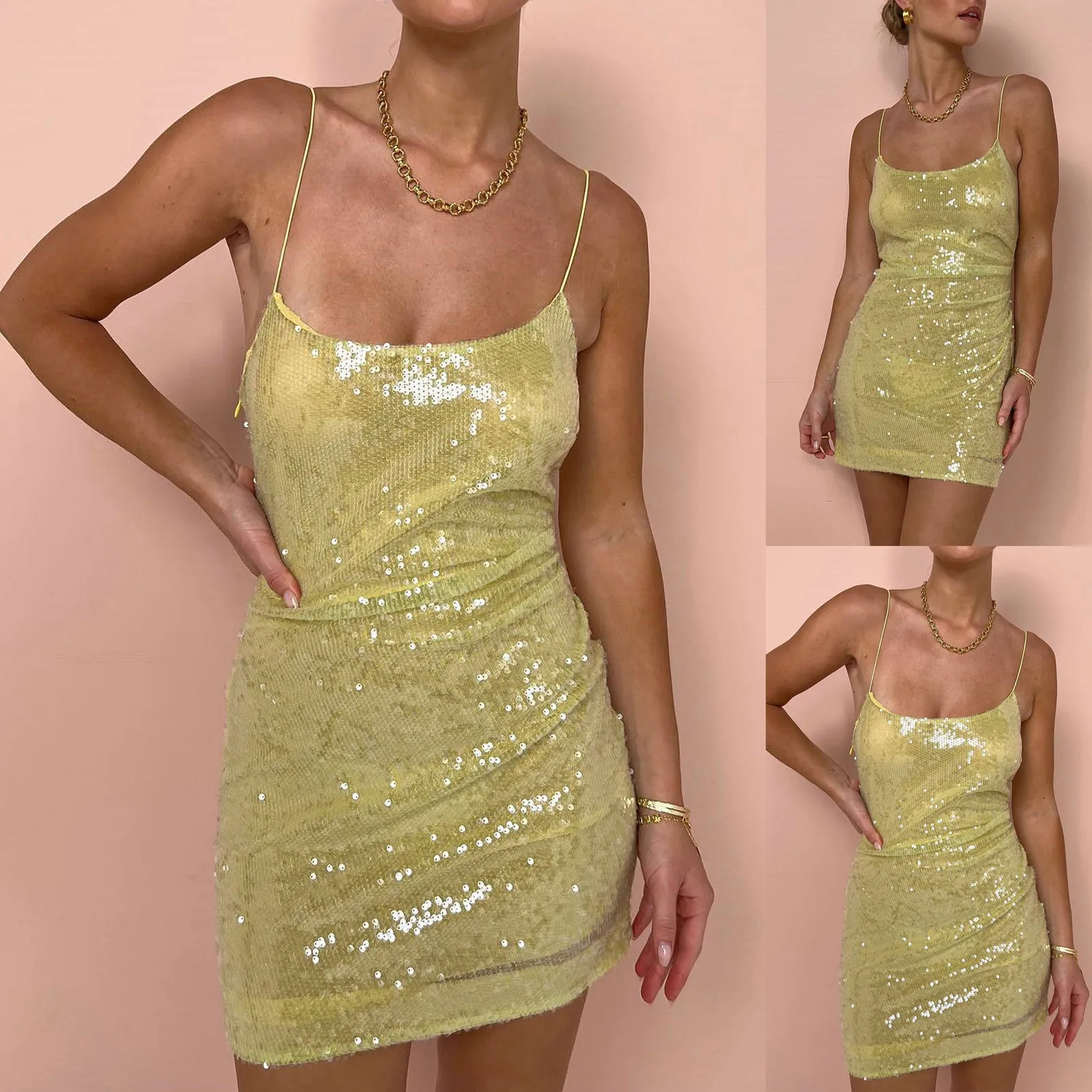 

Women's Sexy Low Cut Sleeveless Spaghetti Straps Mini Dress Party Night Club Dress Fashion Package Hip Halter Sequin Dresses