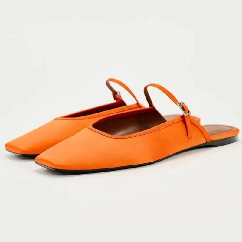 Women Slingback Sandals Women Flat Shoes Summer Flat Sandals Woman Square Toe Buckle Strap Breathable Satin Leisure Slingbacks Chic Mules Shoes For Ladies