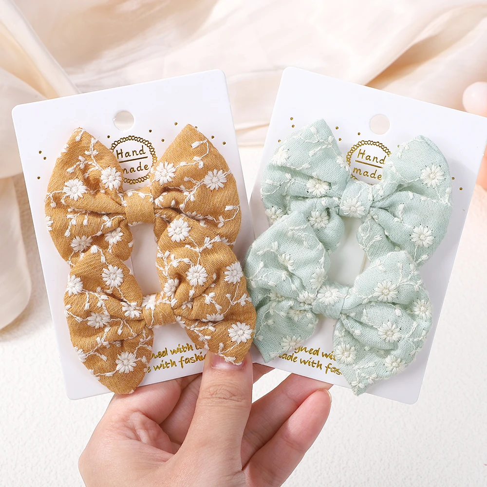 2 Teile/satz Bögen für Mädchen Haar Pins Stickerei Druck Haar Clips Einfarbig Bowknot Handgemachte Barrettes Kinder Haar Zubehör – Detail 5
