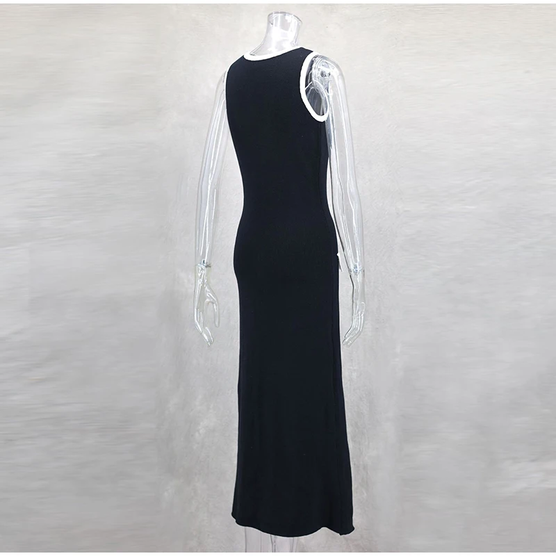Elegant Single Breasted Knitted Maxi Dress Women Fashion O Neck Sleeveless Fake Pockets Dresses New Lady High Street Robes