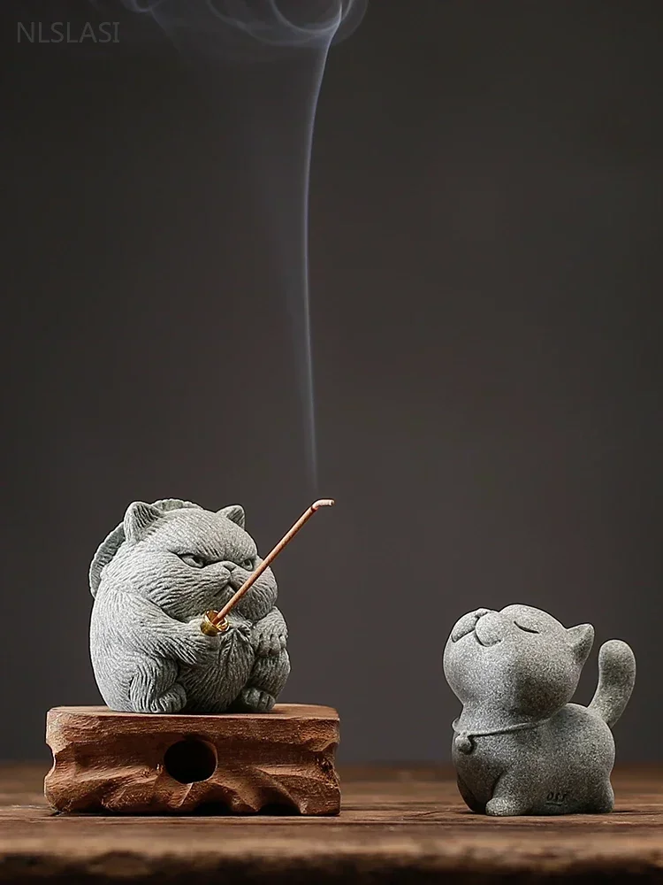 Tea Pet Ornaments Stone Carving Kitten Sculpture Handmade Tea Pet Chinese Tea Tray Decoration Fish Tank Potted Tabletop Ornaments
