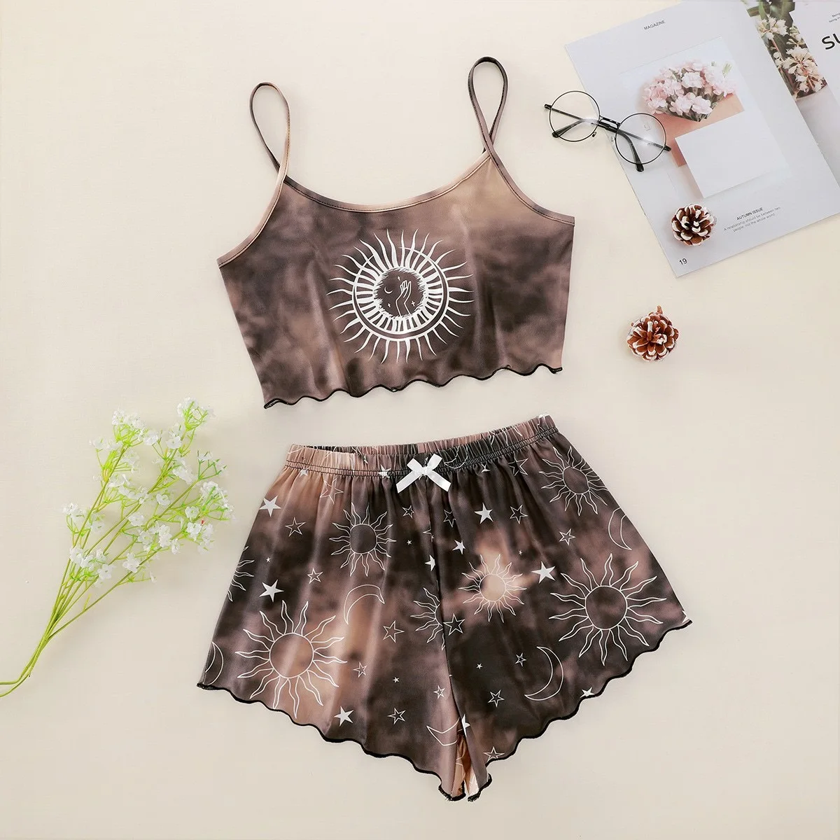 

New women's pajamas 2 pieces set tie-dye sun print camisole top sun moon loungewear milk silk set women's teenage pajamas
