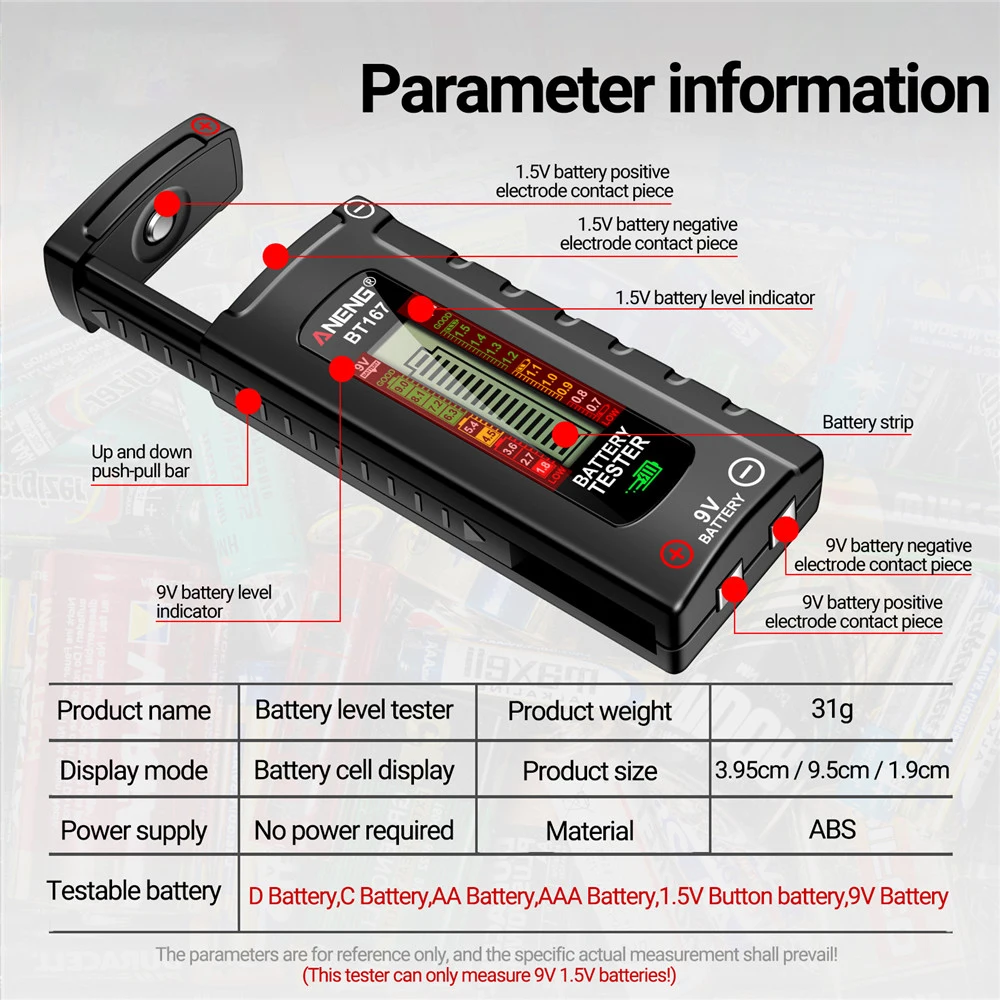 Description Picture 3 of itemBT167 BT169 Digital Battery Testers Detector Multifunctional Quickly Measure Battery AA/AAA/C/D/9V/1.5V Button Cell Measurement