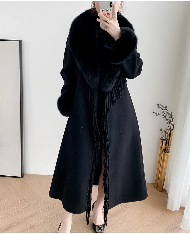 FURYOUME Winter Women Real Fur Coat Jacket X-long Tassel Cashmere Wool Blends Female Lady Trench Belt Fox Fur Collar Streetwear