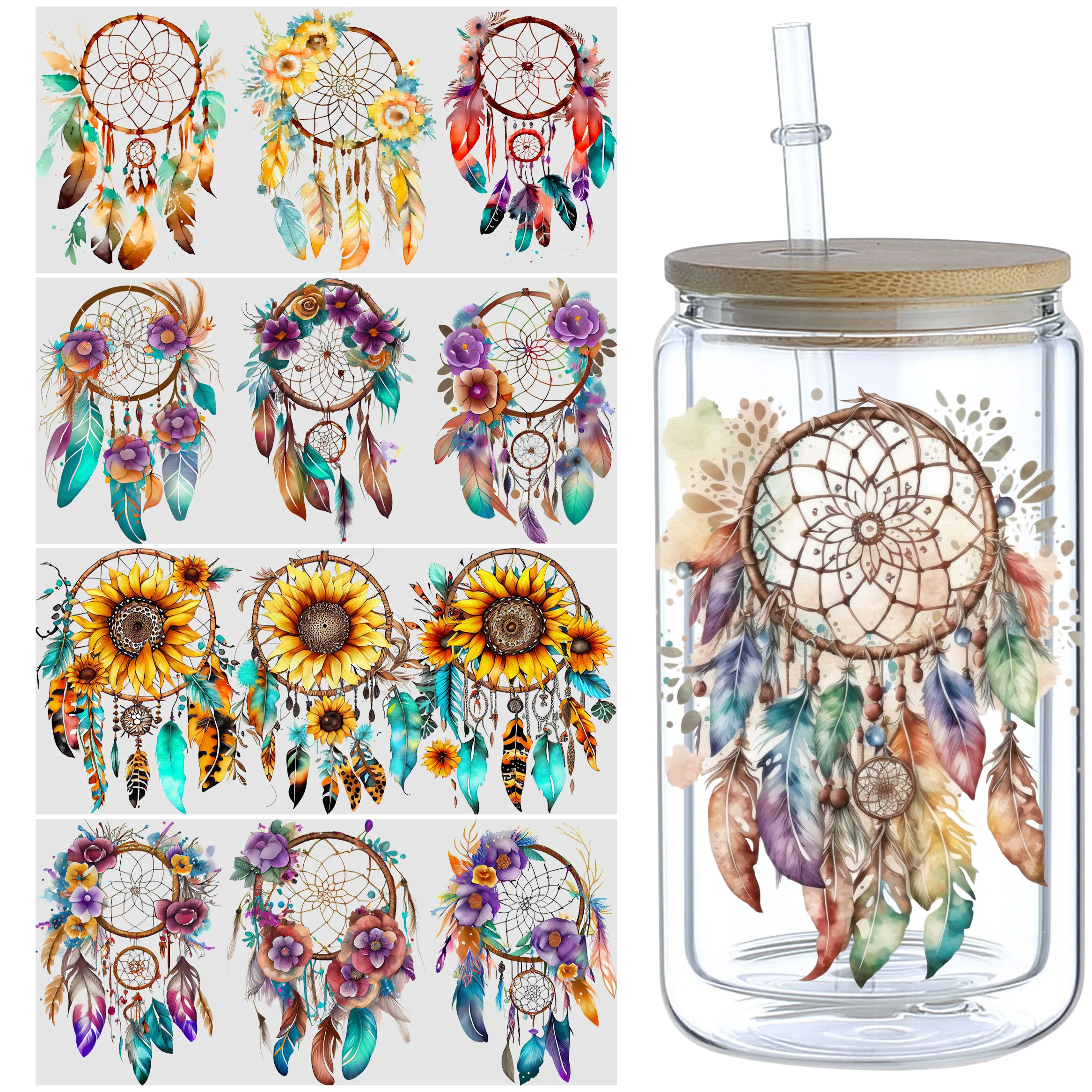 5 sheets Feathers Bohemian Dream Catcher UV DTF Cup Stickers,DTF Transfer Stickers,Wipe-On Transfer Film for 16 oz Glass, Mugs,