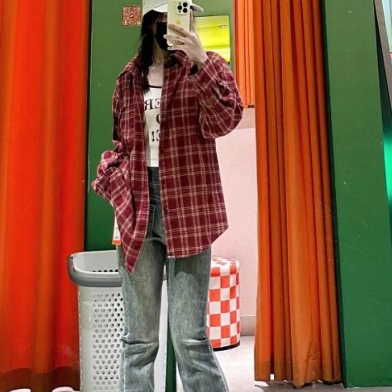 スカート Oversized Check Shirt Set herlipto Fall Vintage Top Red Check Shirt Long Sleeve Women's Plaid