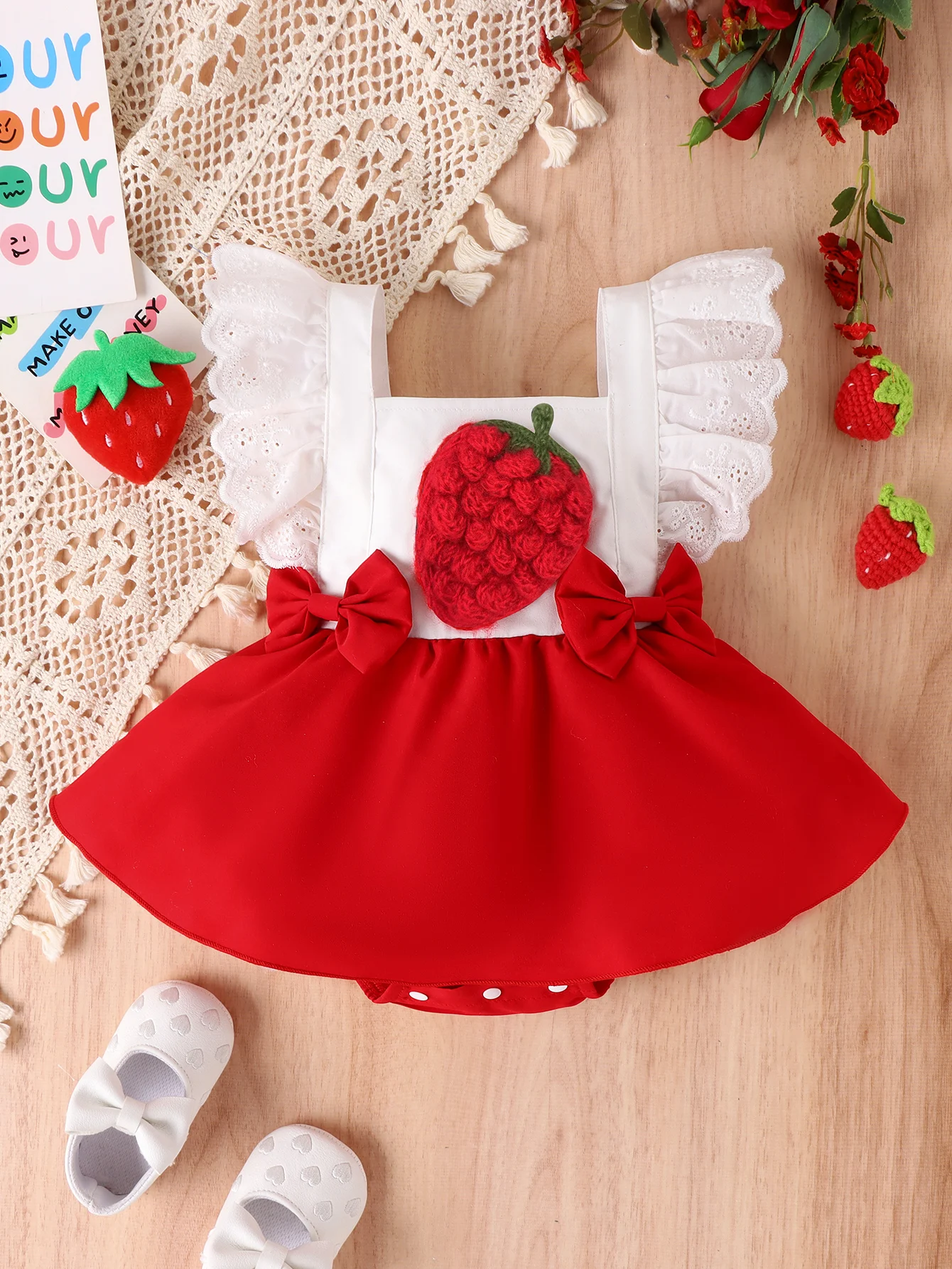 Summer 0-1 Year Old Baby Fashion Trend Cute Comfortable Soft Personality Strawberry One-Piece Dress Pattern Three-Dimensional Baby & Maternity