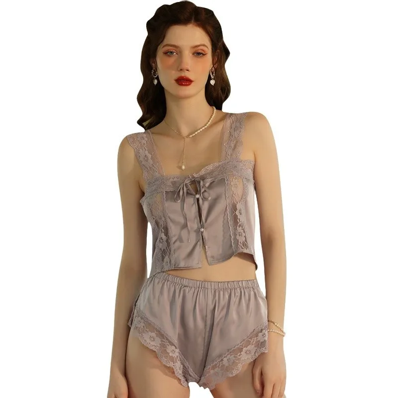 Ladies' sexy sleepwear ice silk thin style pure desire suspender shorts two-piece set lace seduction Sweet and lovely pajamas
