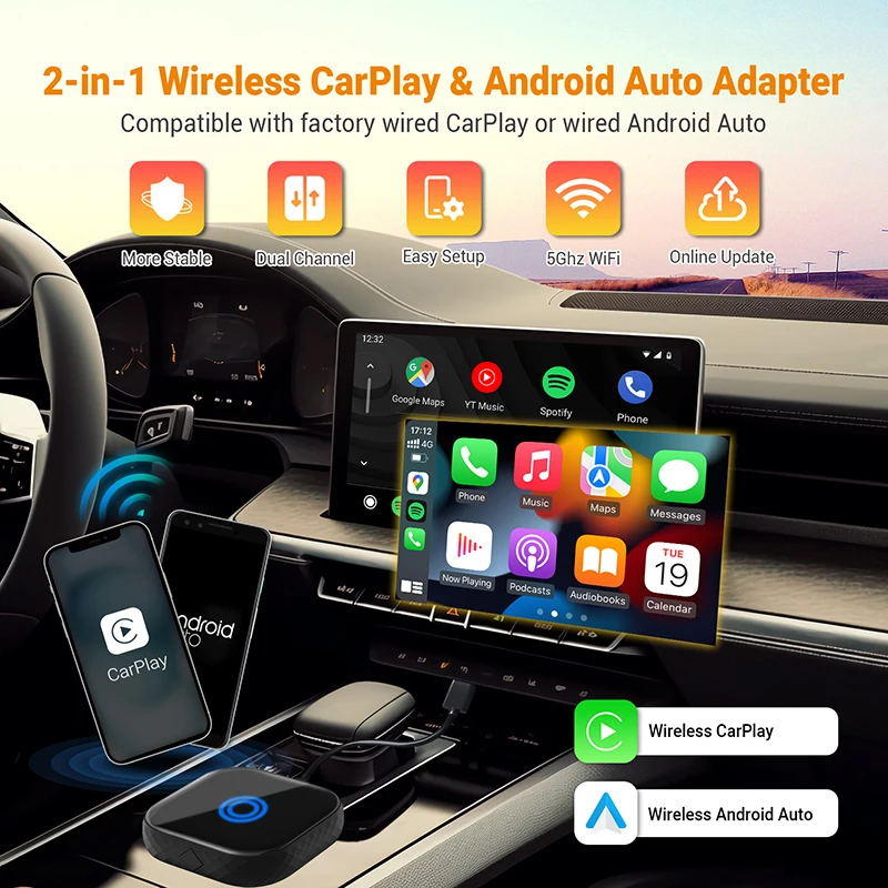 Adaptateur CarPlay Sans Fil 2-en-1 USB-C/USB - Compatible IOS 10+ Et Voitures CarPlay (2016+) - Connexion Automatique, Design Mini