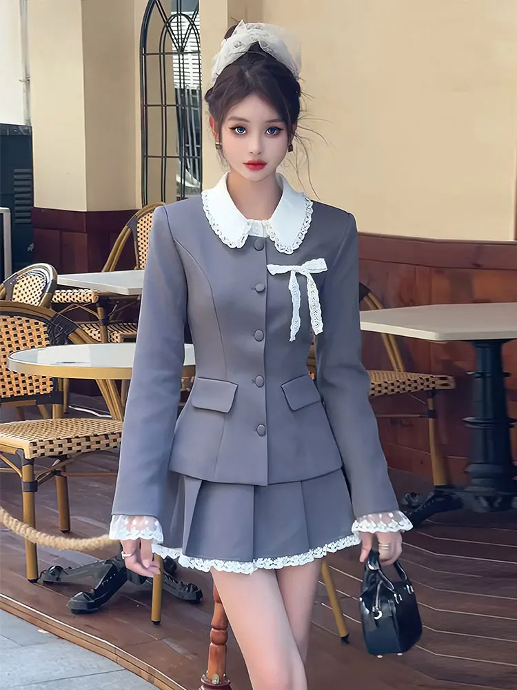 Elegant Two-piece Skirt Set Women Long Sleeve Single Breasted Blazer Coat Lace Pleated Mini Skirt Autumn Korean Fashion Outfits