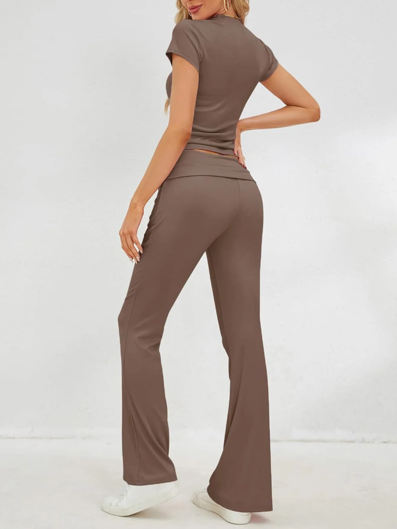 European and American Women's Spring Summer Casual Solid Color Slim Fit Short Sleeved Pants Set 2