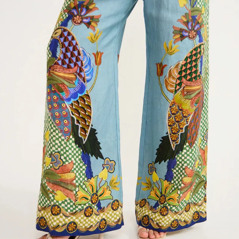 Pants Sets Printed Loose Fit Streetwear Style Turn-down Collar Long Sleeve Trouser Sets Mid Waist Wide Leg Pants Woman Clothes