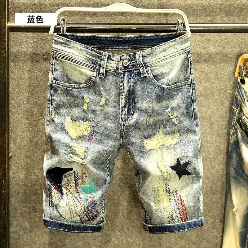 baggy jeans mens Summer Thin 2022 Streetwear Ripped Patch Denim Shorts Men's Trendy Brand Embroidery Cowboy Teenagers Middle Shorts Jeans Pants light blue jeans men