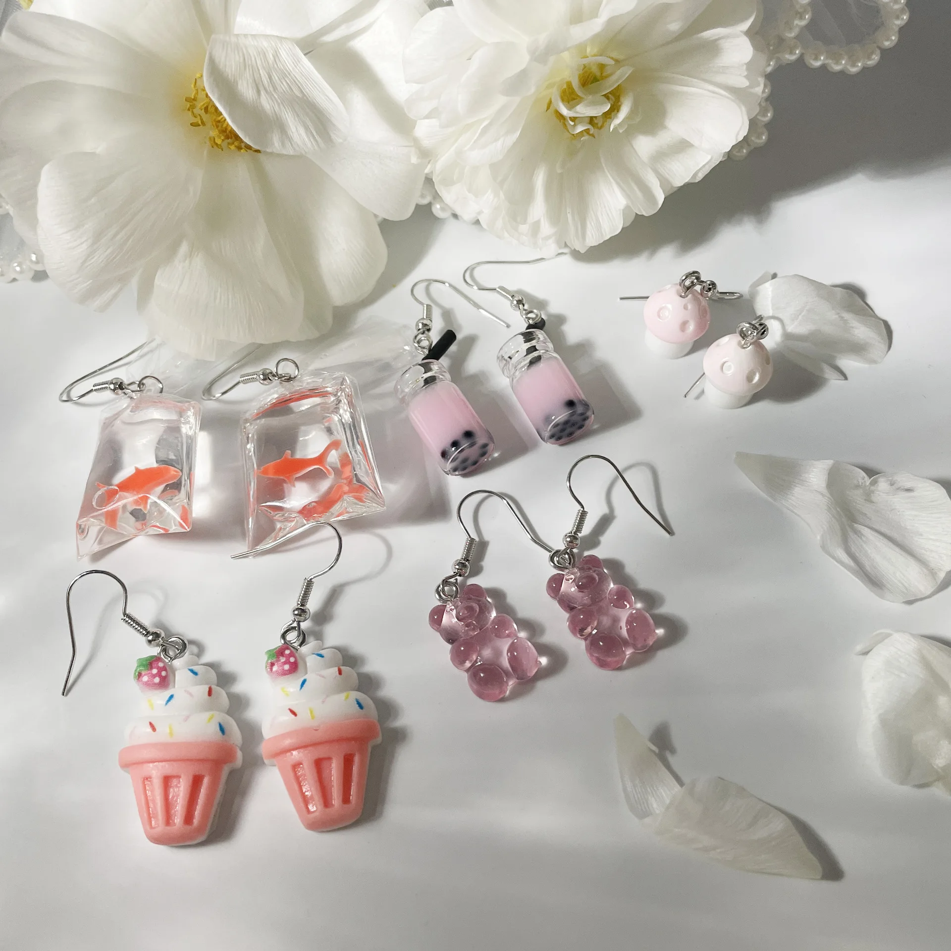 10Pcs Sweet Strawberry Fruit Drinks Drop Earring Set Cute Cartoon Food Ice Cream Donut Funny Resin Earrings Women Girls Jewelry