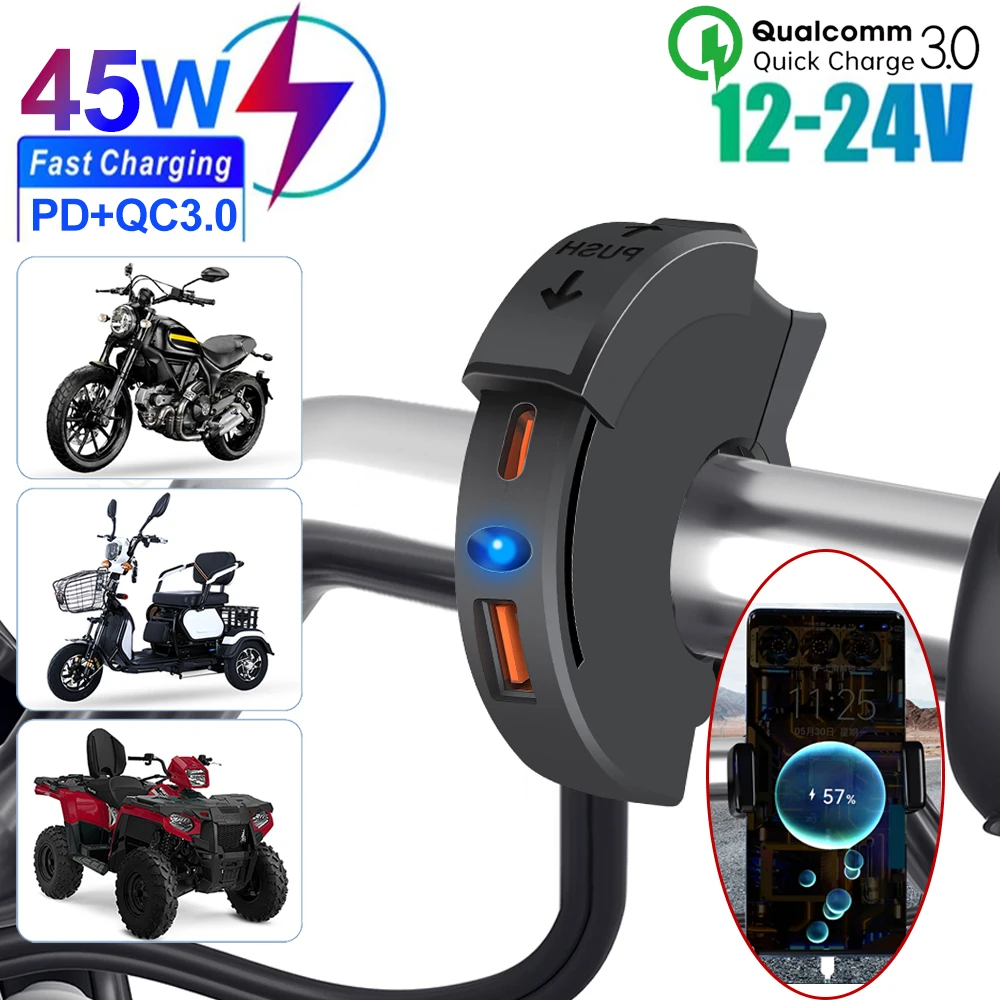 Motorcycle Charger USB TYPE-C PD QC3.0 Handlebar Fast Charging 12/24V Waterproof Handlebar Mounting Bracket Camera Phone Charger