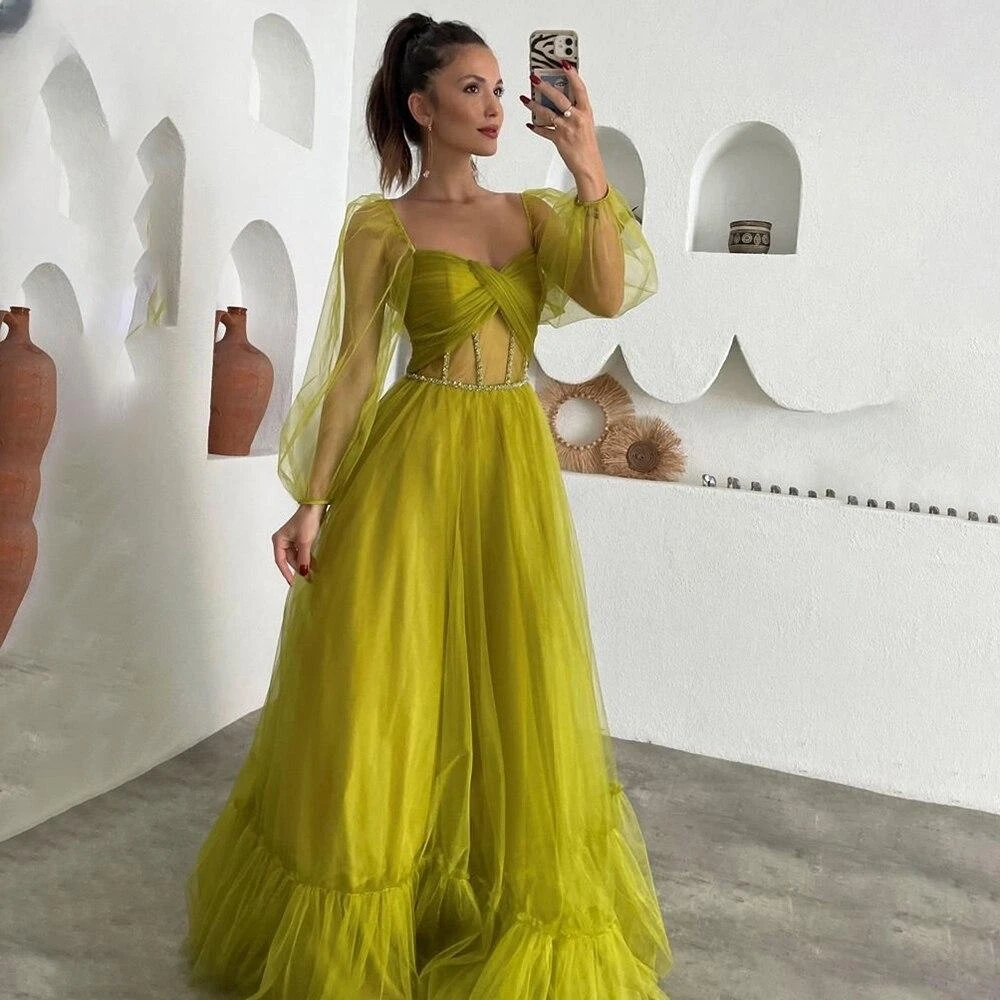 

Santorini Sheer Long Sleeves Prom Dresses Beaded Sash Sexy Lace Up Back Vestidos De Gala Evening Party Formal Occasion Gowns