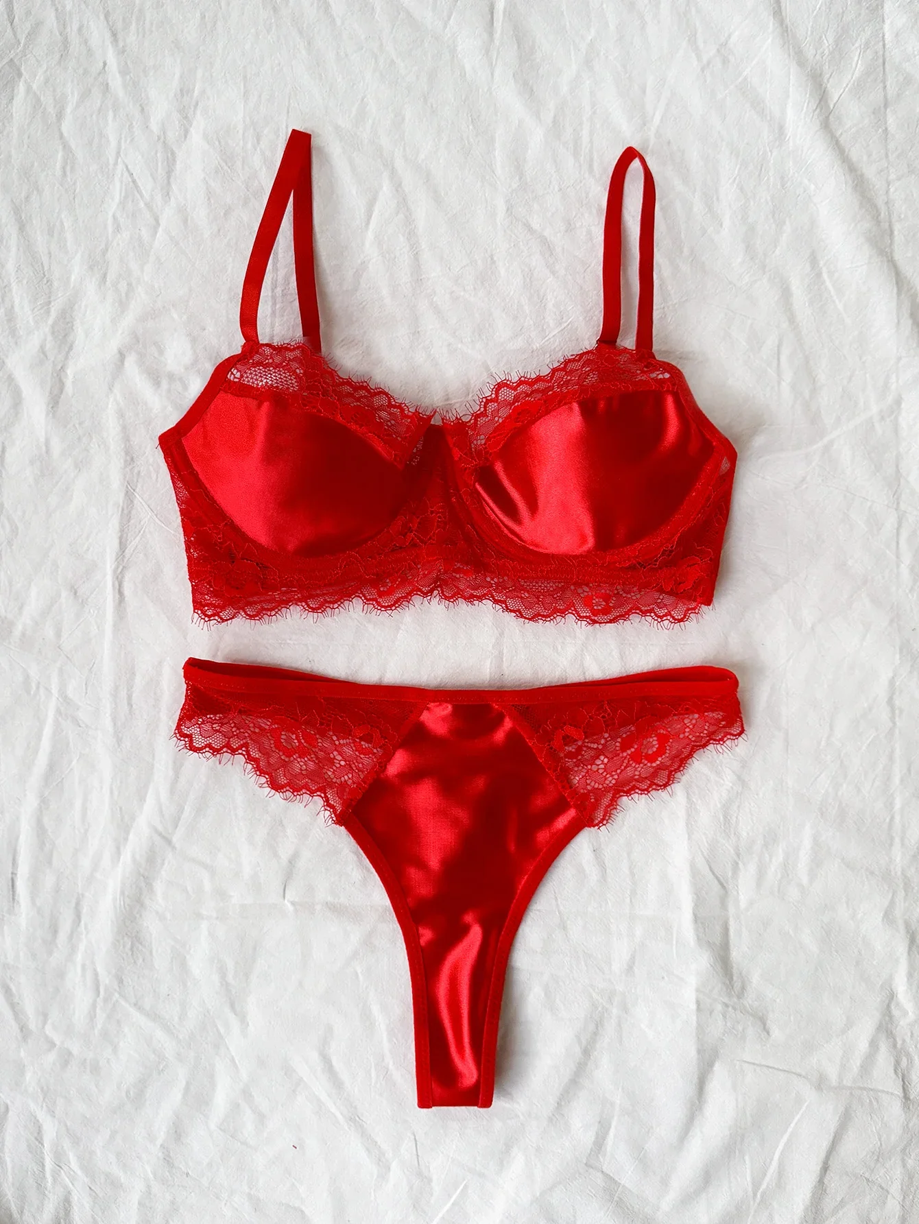 2025 Women's Sxy Lace Strapping Underwire Nonpadded Bra & Brazilian Briefs - Fancy Eyelash Lingerie Set