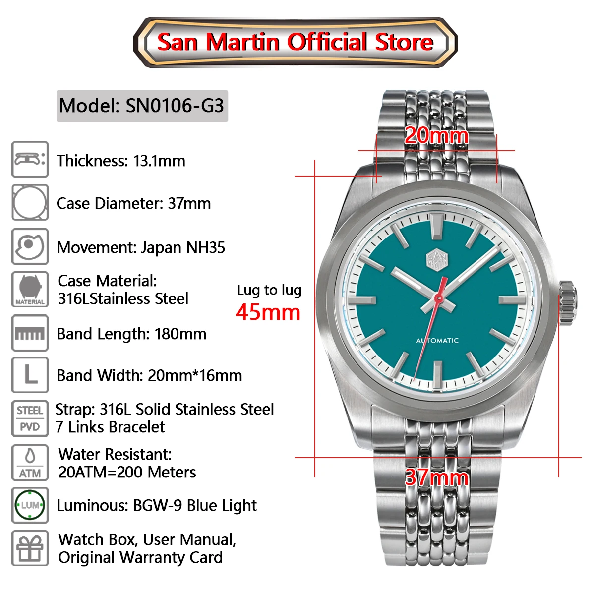 *Winter Sale* New Arrival San Martin Men Watch 37mm Fashion Sports Watches NH35 Automatic Luminous Reloj SN0106-G3 