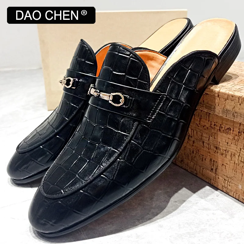 

Men's Mules Half Shoes Crocodile Print Mens Dress Causal Shoes Horsebit Black Brown Shallow Breathable Leather Shoes Men