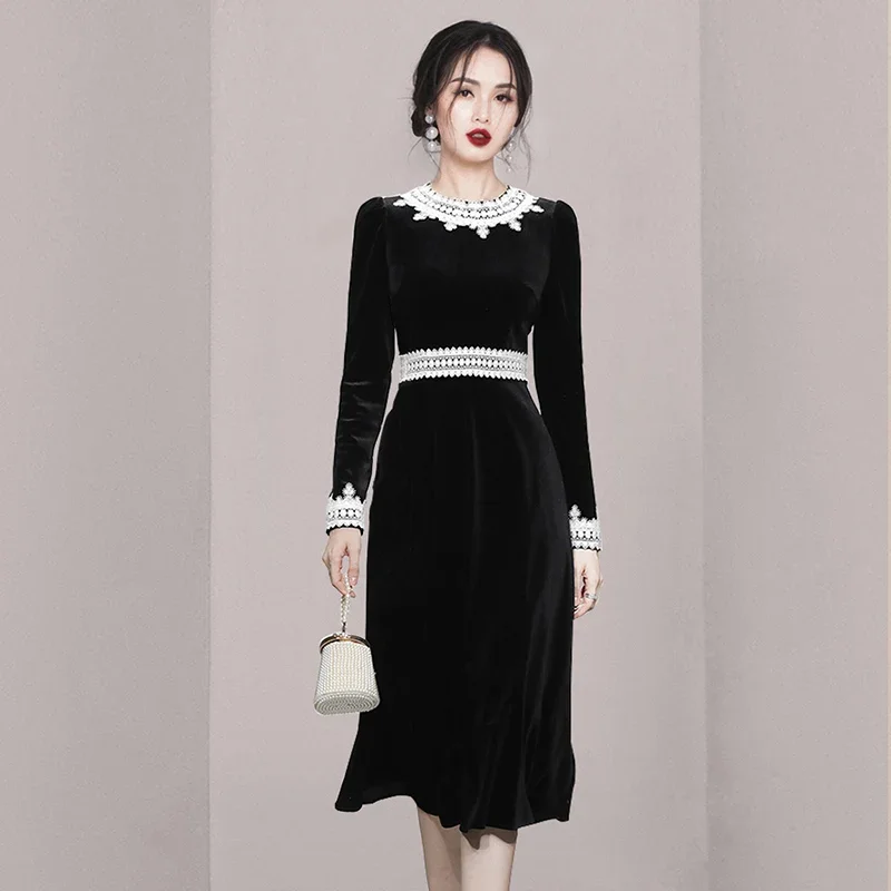 

2023 Spring Fall Women O Neck White Lace Patchwork Black Velvet Long Dress , Woman Slim Elegant High Waisted Velour Dresses