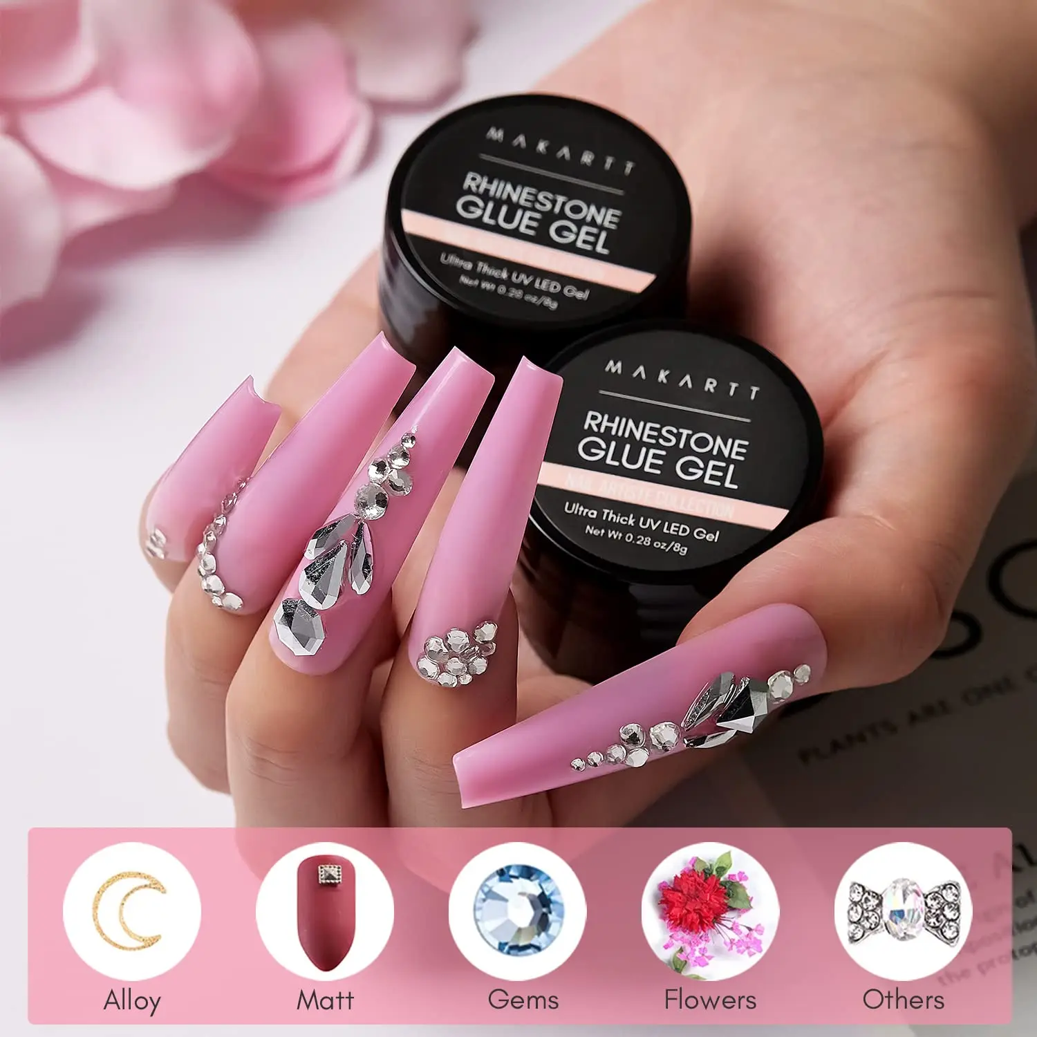 Makartt Nail Rhinestone Glue Gel Kit,  Clear Nail Gem Glue Gel Super Strong Adhesive Nail Art Glue for Nail Decorations 3D Stone 3