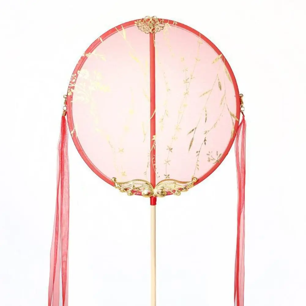 중국풍 원형 부채 긴 손잡이와 펜던트가 있는 실크 부채, 투명 자수 부채, 사진 촬영 소품
