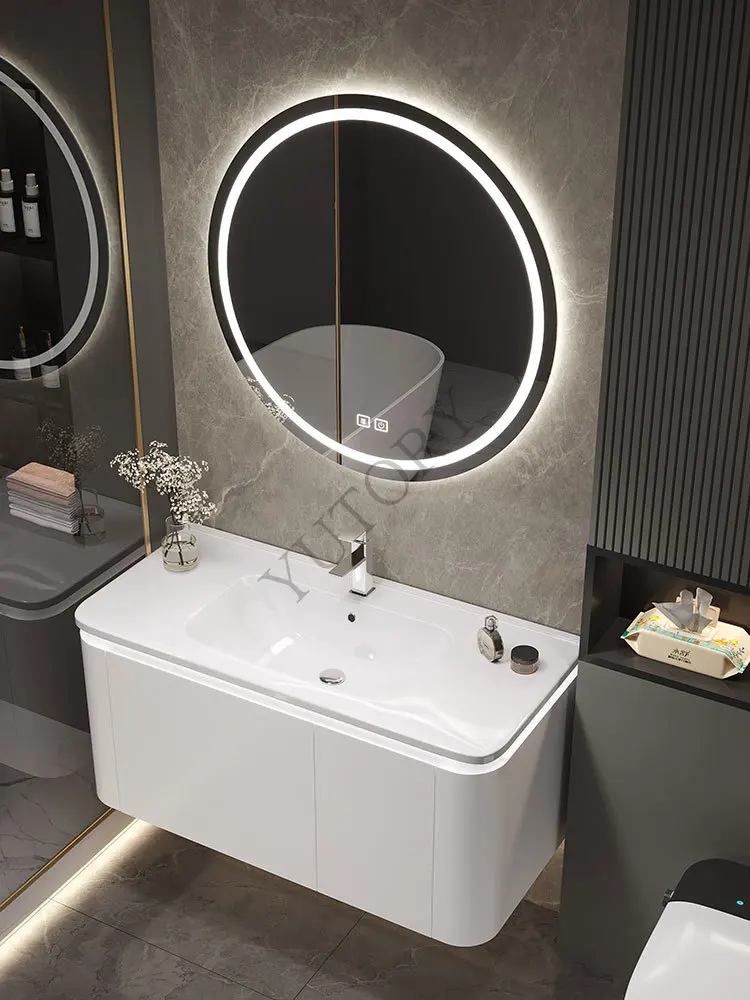Light luxury solid wood ceramic integrated basin smart bathroom cabinet combination washbasin toilet washstand