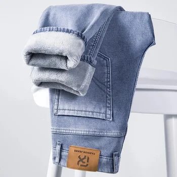 Winter Fleecy Thickened Warm Jeans Vintage Brand Classic Retro Youth Fashion Men Fit Straight Leg Casual Stretch Denim Pants 1
