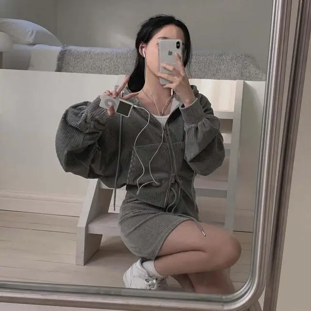 Korean CHic Corduroy Two-piece Skirt Sets Women Hoodie Crop Top Coats Bodycon Mini Skirt Autumn Winter New Outfits Casual Suit