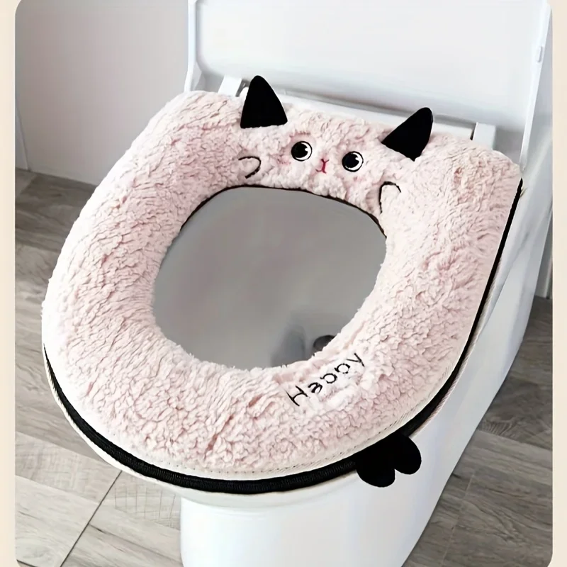 Cute Cat-Themed Toilet Seat Cover - Zipper Design, Universal Fit for Standard Toilets, Soft & Durable, Ideal for Home Use