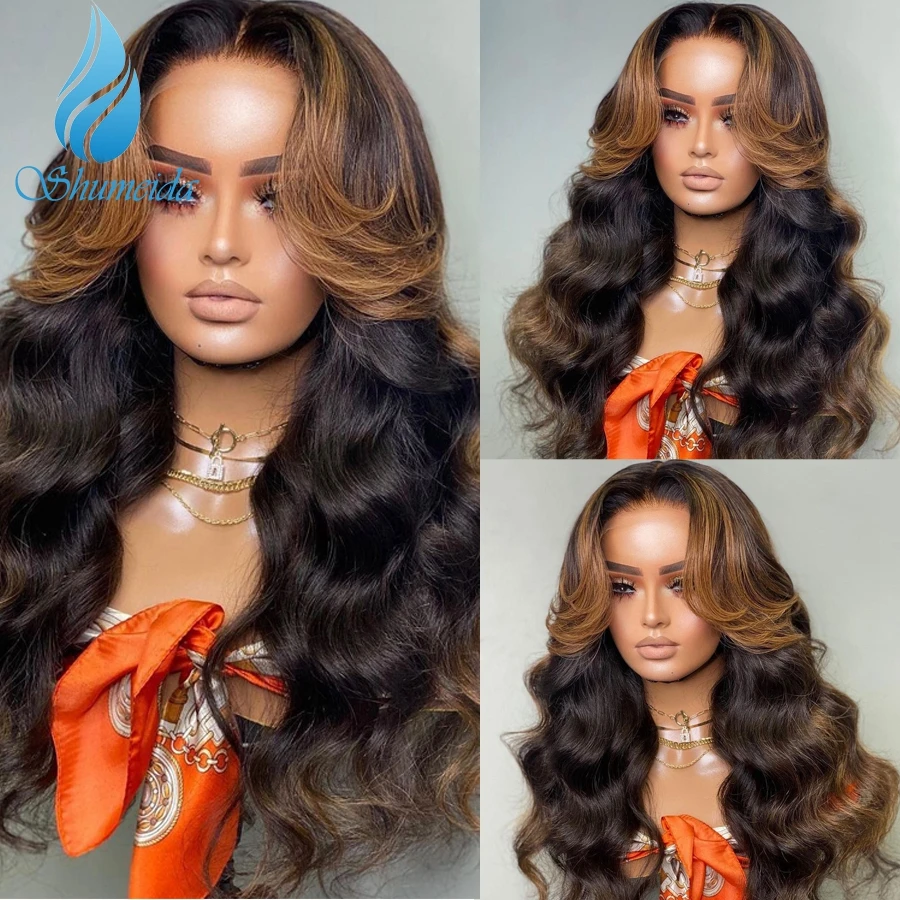 

Shumeida Highlight Brown Color 13*6 Lace Front Human Hair Wigs Brazilian Remy Hair Glueless Wig PrePlucked Hairline Baby Hair