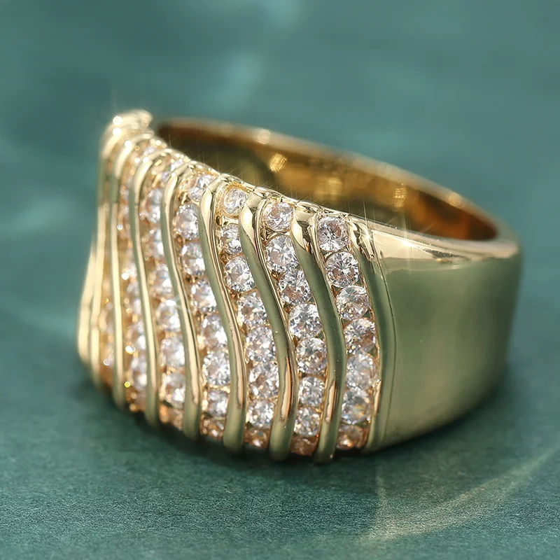 Golden Wide Band Chunky Statement Ring with Synthetic Cubic Zirconia