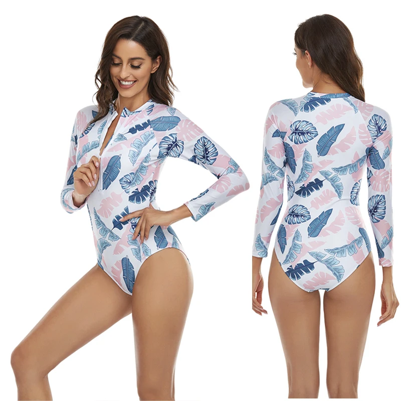 

Print Floral One Piece Swimsuit Women Swimwear Monokini Long Sleeve Printed Female Bathing Suit Surfing Bodysuit Swim Wear Beach