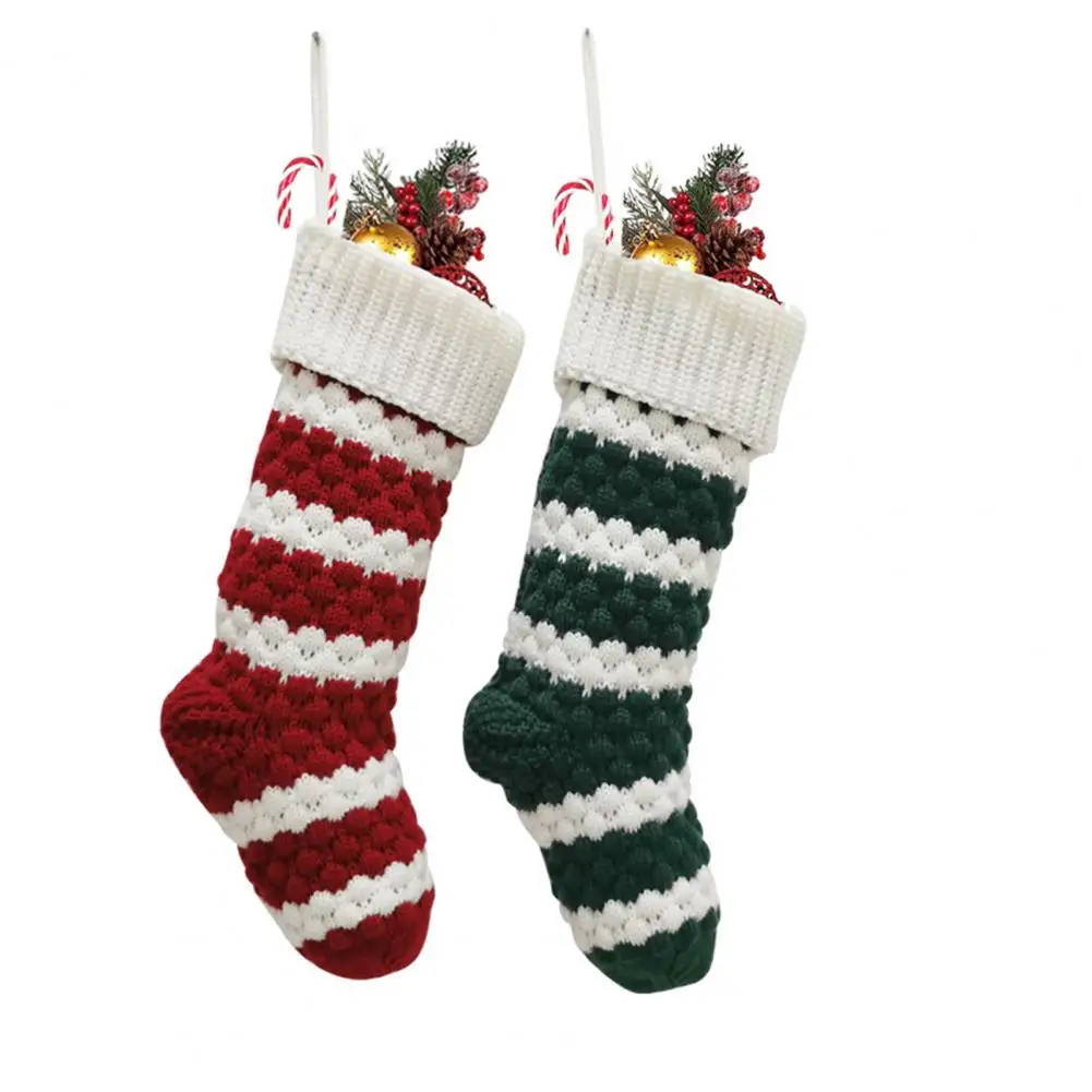 

Festive Stocking Green Stocking Reusable Knitted Christmas Stockings Capacity Xmas Tree Hanging Gift Bags Green White Stripes