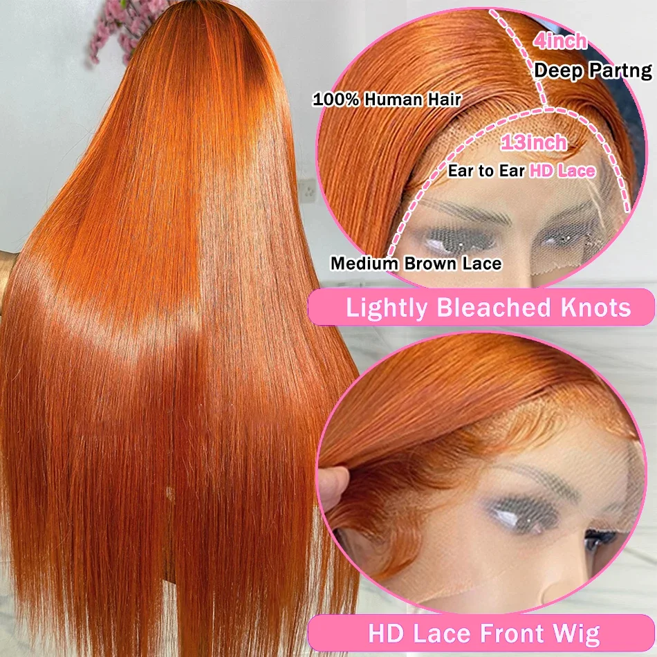 Straight Ginger Orange Colored 13x4 Lace Front 13x6 Lace Frontal human hair wig 30 40 Inches