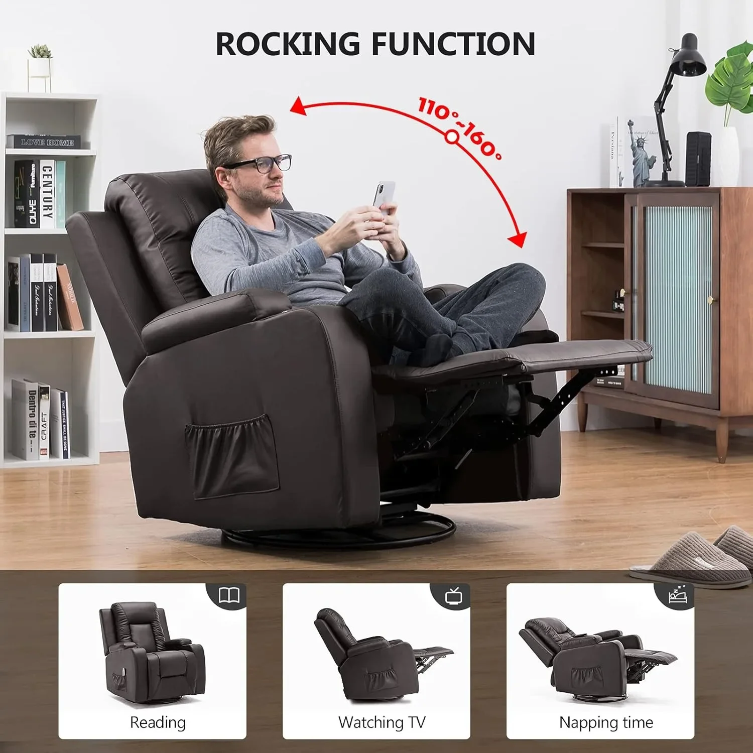 Recliner Chair PU Rocking Chair for Adults Swivel Recliner Massage Single Sofa Seat Side Pockets Living Room Bedroom massage chair single sofa