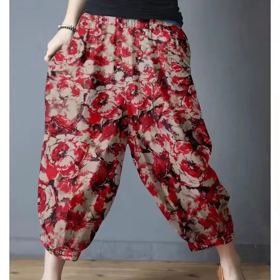 

2023 summer cotton and linen casual pants women's large print loose ethnic style wide leg pants eight-point lantern Haren pants