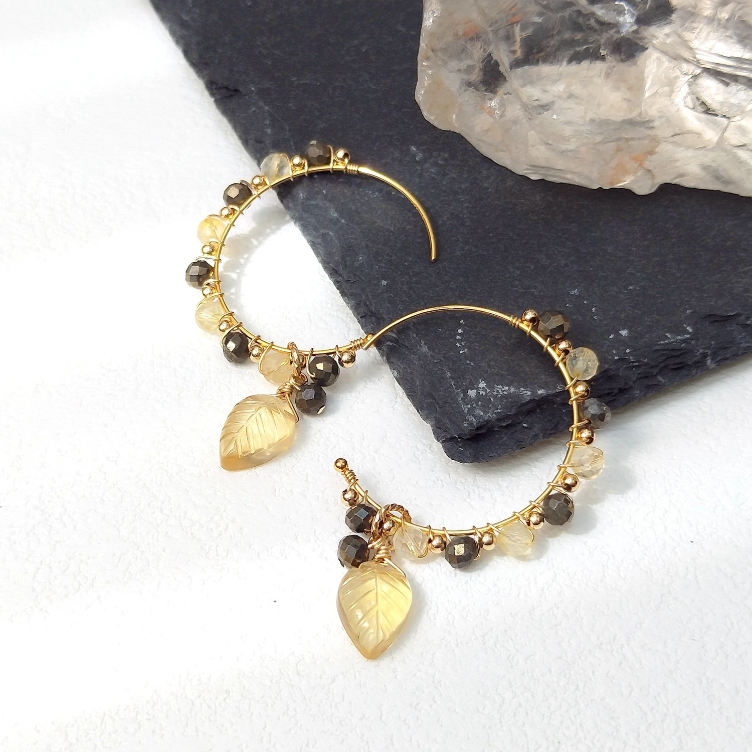 

Lii Ji Natural Citrine With Pyrite American 14K Gold Filled 25mm Hoop Earrings Real Gemstone Handmade Trendy Female Jewelry