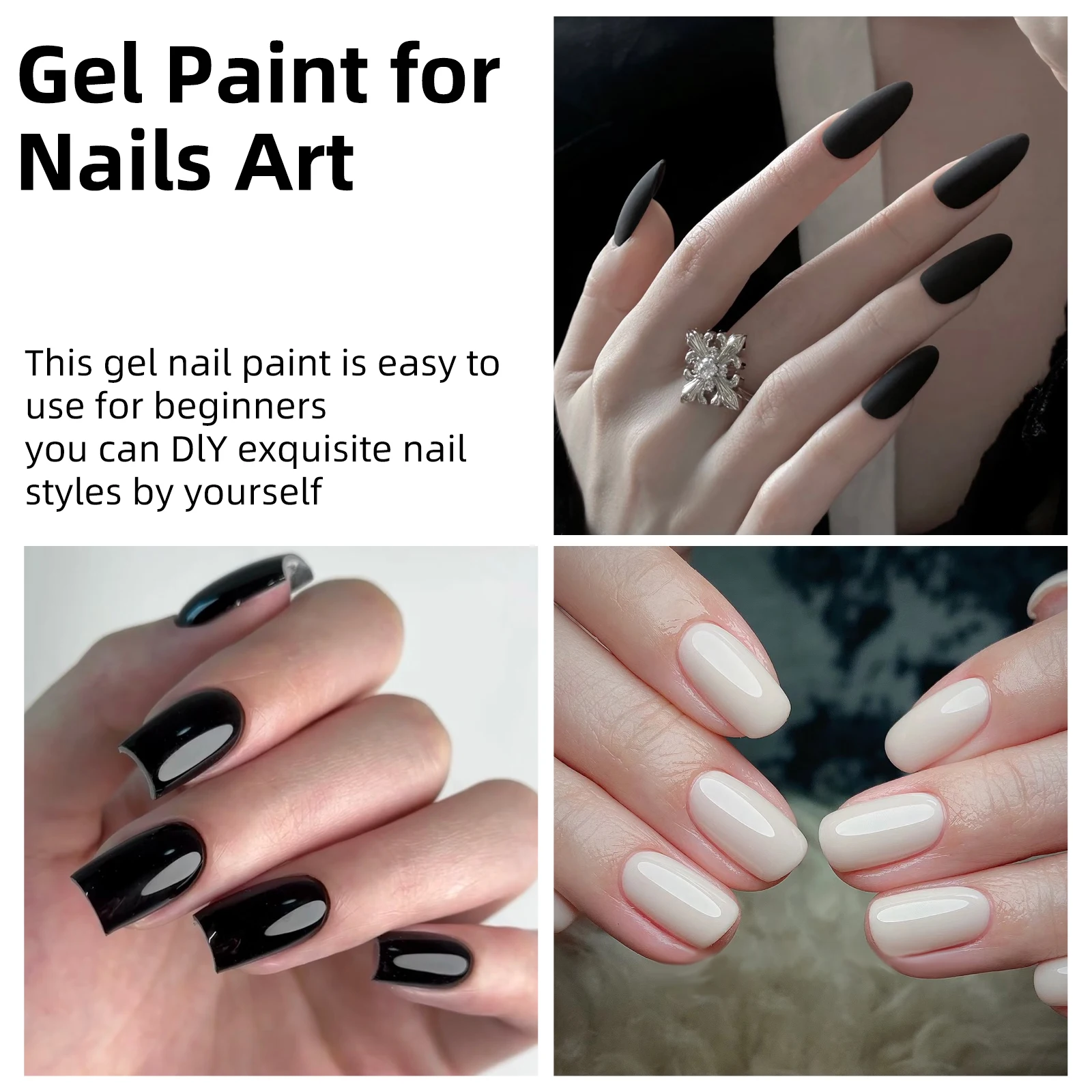 Classic White & Black Gel Nail Polish Set with Nail Art Pen - 2pcs