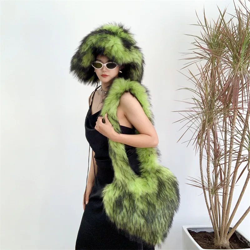 

New Love Bag Bucket Winter Warmth Thickened Imitation Raccoon Fur Fisherman Hat Women's Bucket Hat Fur Set Wholesale