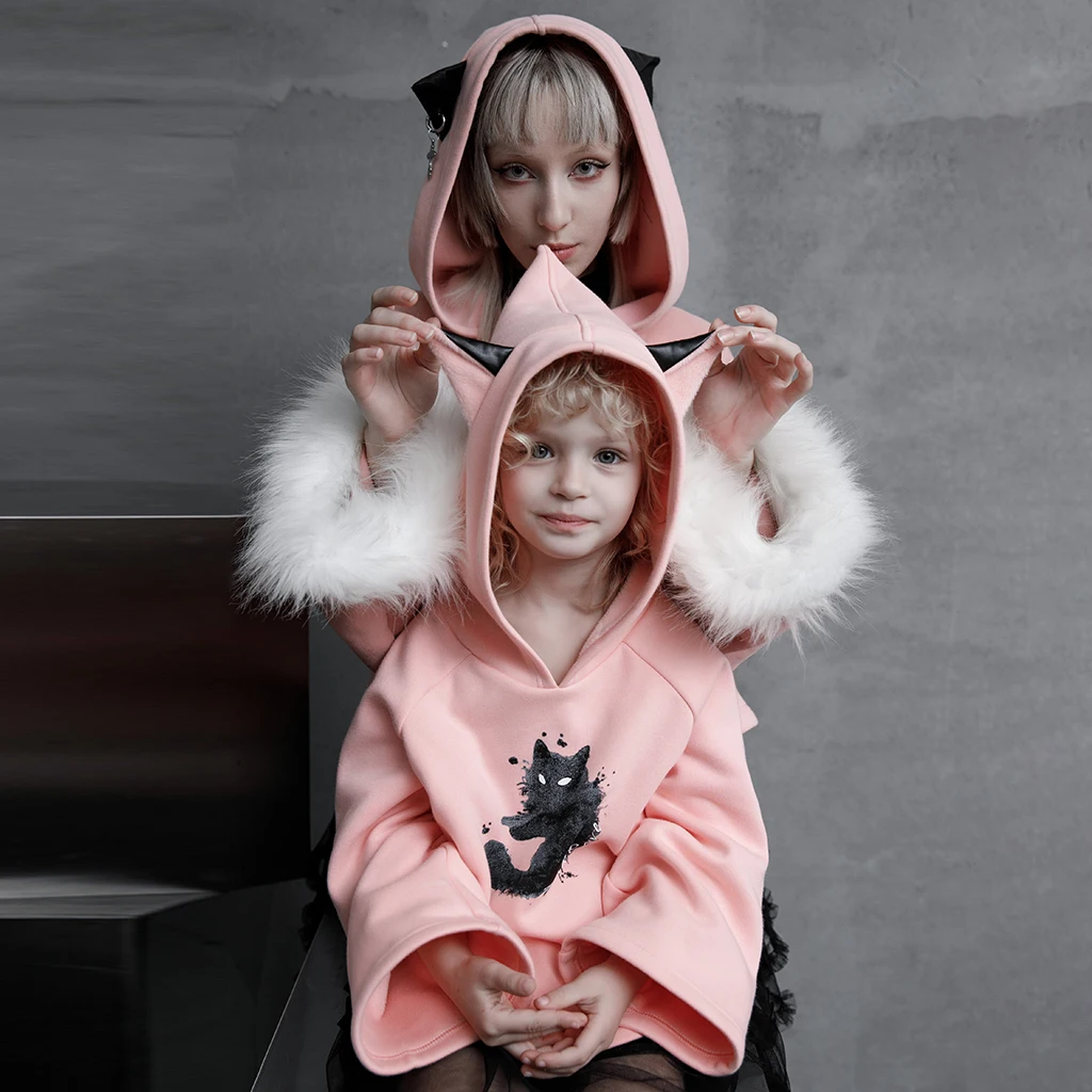 

PUNKRAVE Girl's Gothic Cat Erar Hat Plus Thick Velvet Sweater Daily Casual Fairy Tale Cat Print Pattern Playful Hoodies Sweater