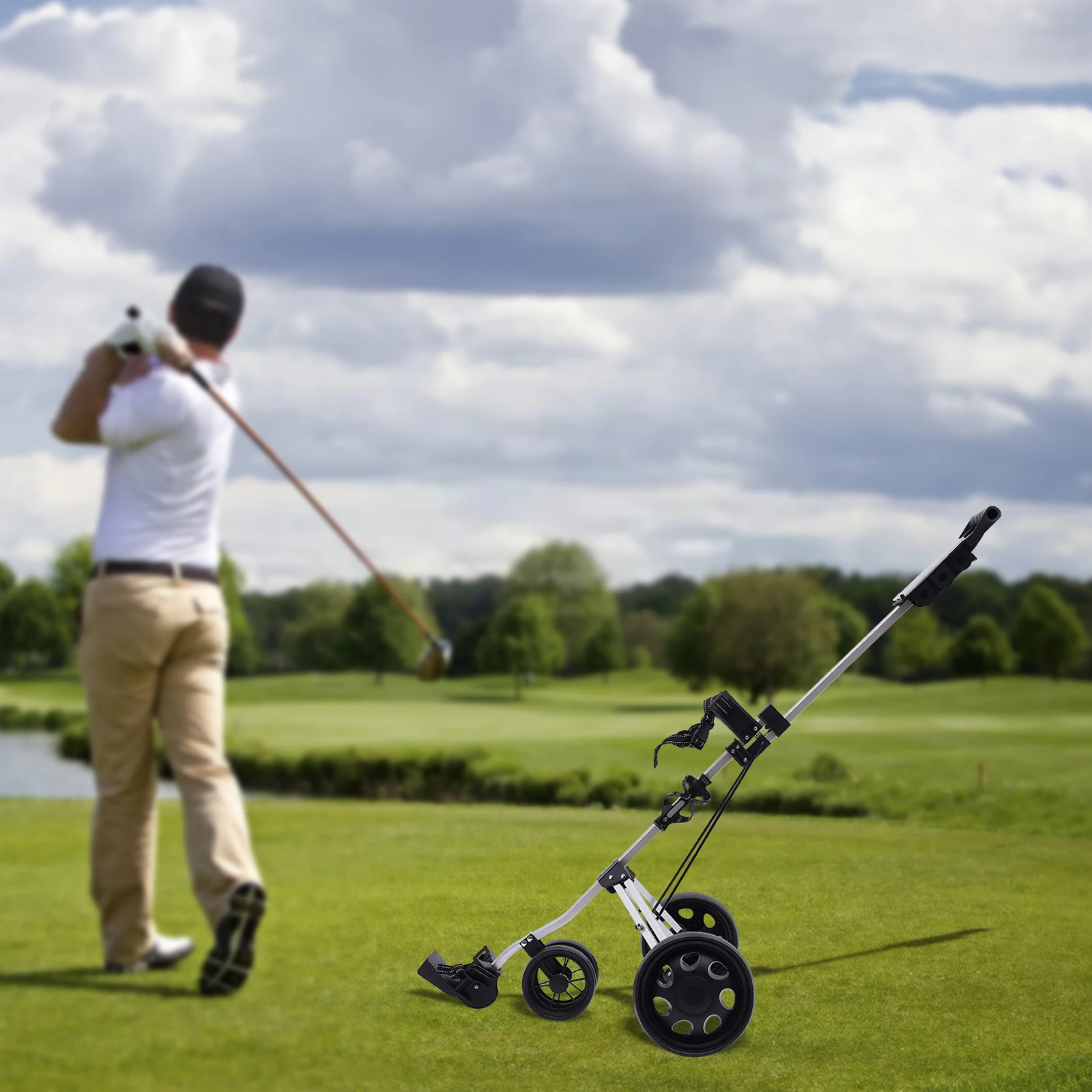 3 Wheel Push Pull Golf Cart Foldable Lightweight Golf Push Cart Portable Aluminum Alloy Trolley with Foot Brake