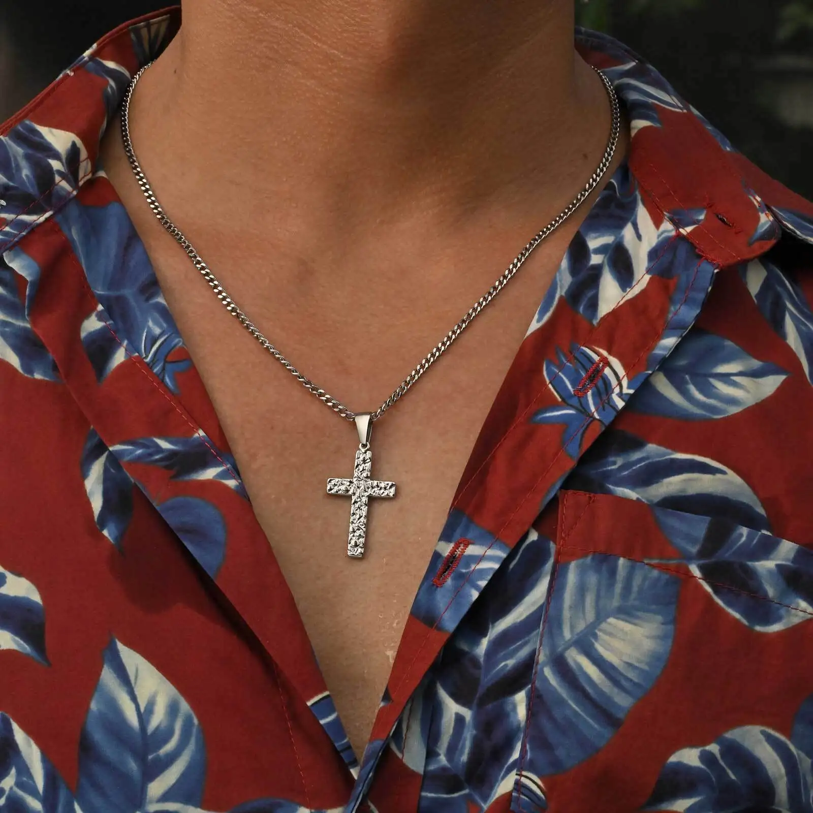 Fashion Christ Cross Necklace for Men,Silver Color Stainless Steel Cross Metal Pendant with Cuban Link Chain,Male Jewelry Gift